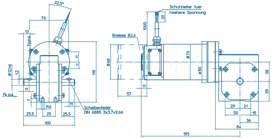 Blueprint of a GNM Series motor with gearbox